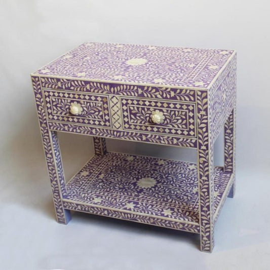 Handmade Bone Inlay Lavender Color Two Drawer Floral Design Bedside Table