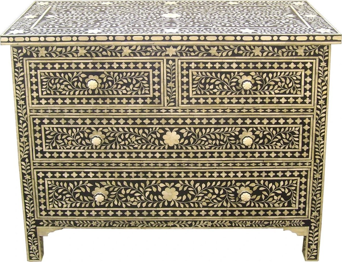 Handmade Bone Inlay Leaf Pattern Chest of Drawers | Bedroom Storage Unit