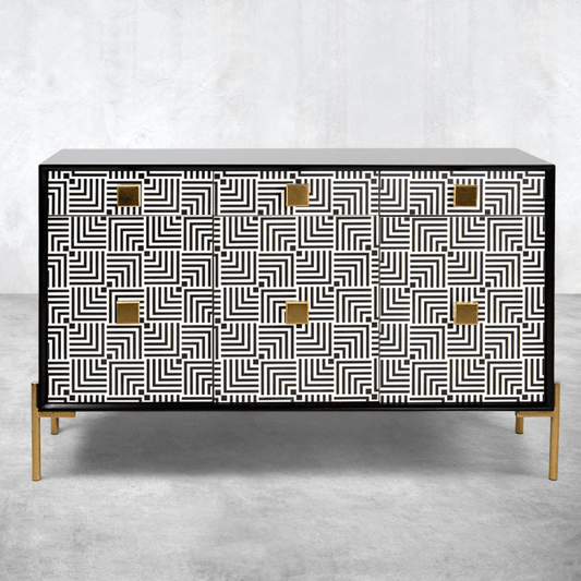 Handmade Bone Inlay Maze Three Drawer Four Door Credenza | Sideboard in Black & White Color