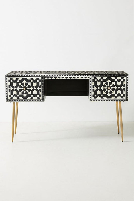 Handmade Bone Inlay Moroccan Design Work Table in Black Color | Laptop Desk