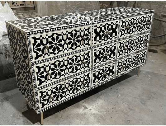 Handmade Bone Inlay Moroccan Design Chest of Nine Drawer Dresser in Black Color