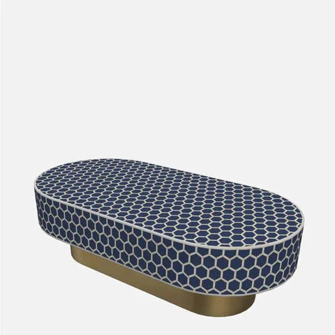 Handmade Bone Inlay Navy Blue Coffee Table With Brass Base