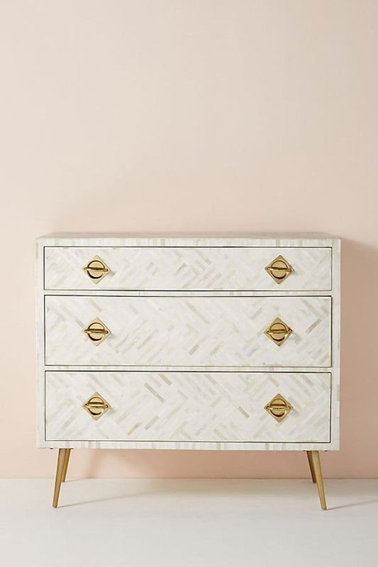 Handmade Bone Inlay Optical Three Drawers Dresser White Color | Drawers