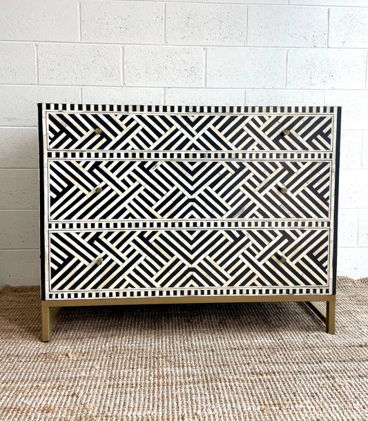 Handmade Bone inlay Optical Design Black Chest of Three Drawers Dresser