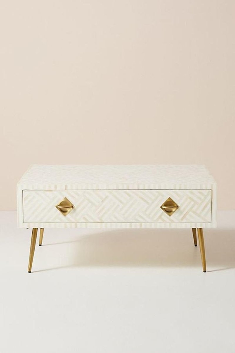 Handmade Bone Inlay Optical Design Coffee Table | Wooden Center Table with Storage in White Color