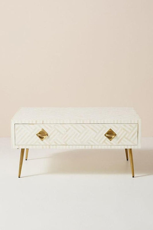 Handmade Bone Inlay Optical Design Coffee Table | Wooden Center Table with Storage in White Color