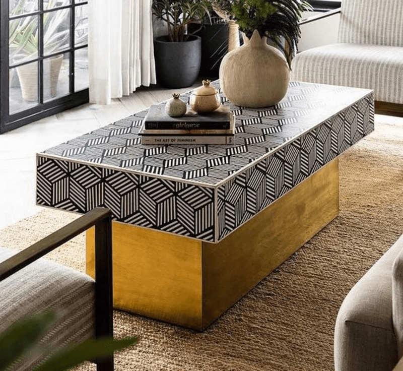 Handmade Bone Inlay Optical  Rectangle Coffee Table Black Color | Bone Inlay Center Table