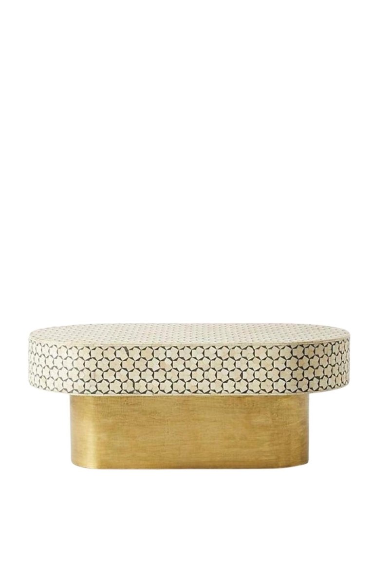 Handmade Bone Inlay Oval Shape Moroccan Design Coffee Table in White Color| Conversation Table