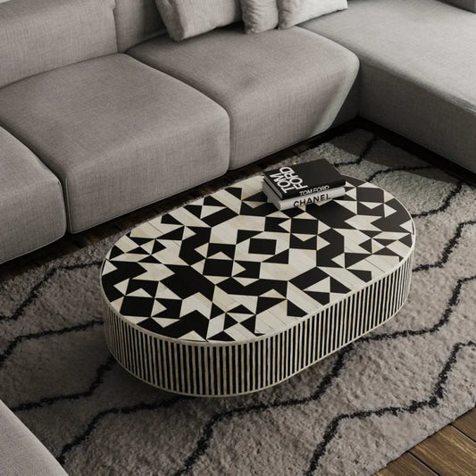 Handmade Bone Inlay Oval Shape Striped Design Black Coffee Table