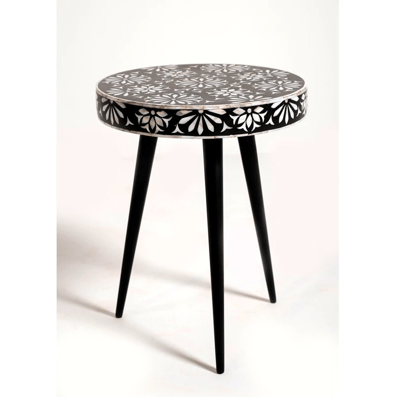 Handmade Bone Inlay Pushkar floral motifs side table | Bone Inlay Wooden Antique Corner Table