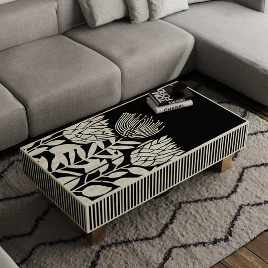 Handmade Bone Inlay Rectangular Black and White Floral Design Coffee Table