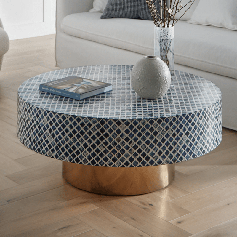 Handmade Bone Inlay Round Coffee Table Blue Color | Center Table