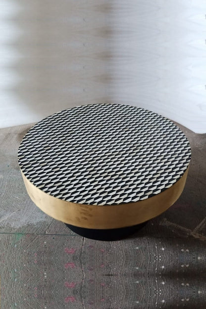 Handmade Bone Inlay Round Coffee Table | Checker Board Design Center Table