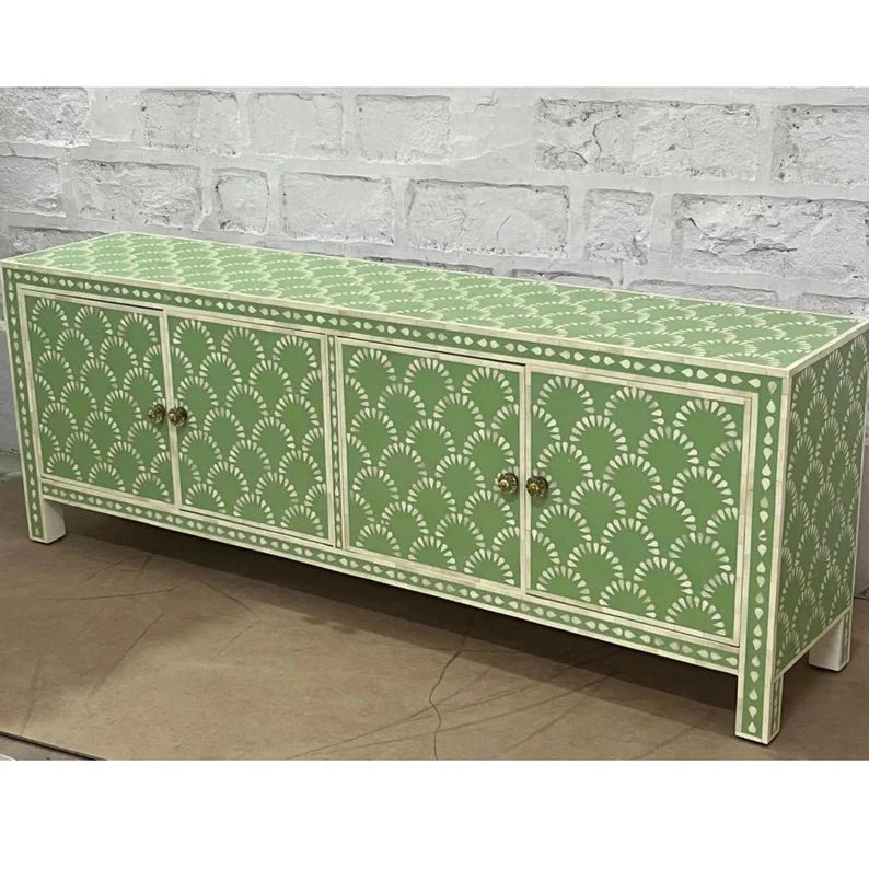 Handmade Bone Inlay Sea Green Color Four Doors Sideboard Cabinet