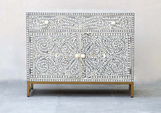 Handmade Bone Inlay Sideboard - Grey Scroll Vine