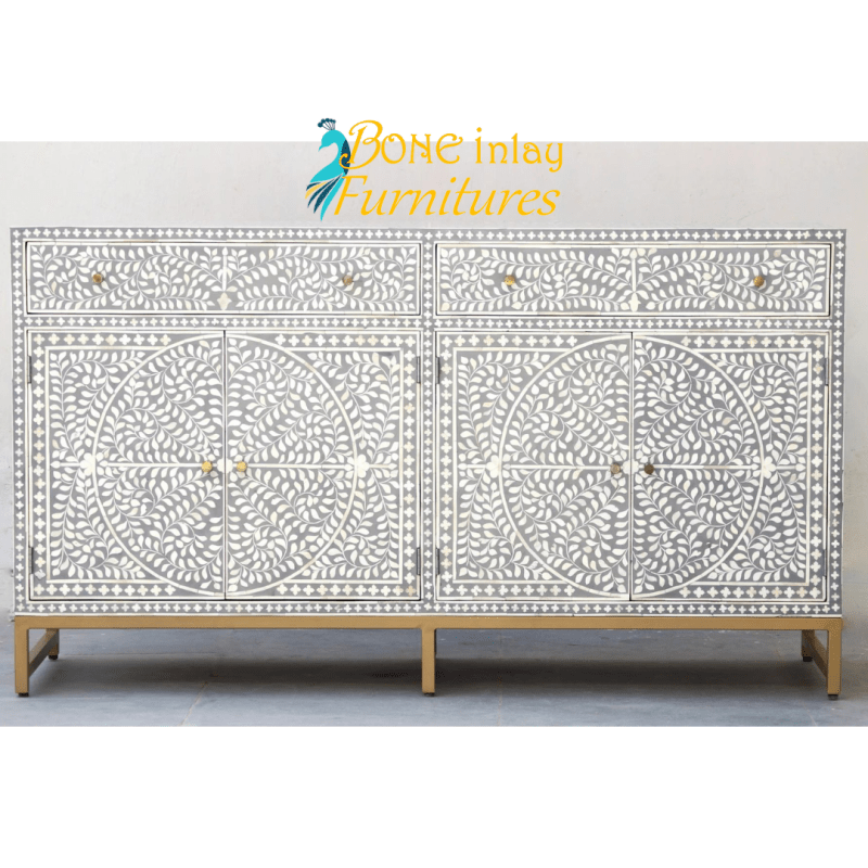 Handmade Bone Inlay Sideboard Mid Gray | Four Drawers and Four Door Scroll Vine Buffet