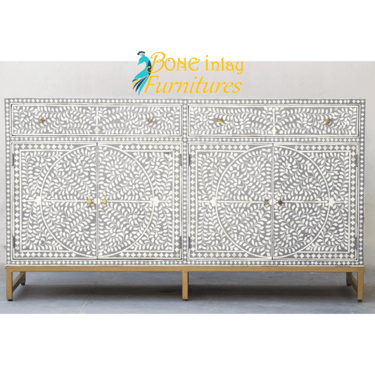 Handmade Bone Inlay Sideboard Mid Gray | Four Drawers and Four Door Scroll Vine Buffet