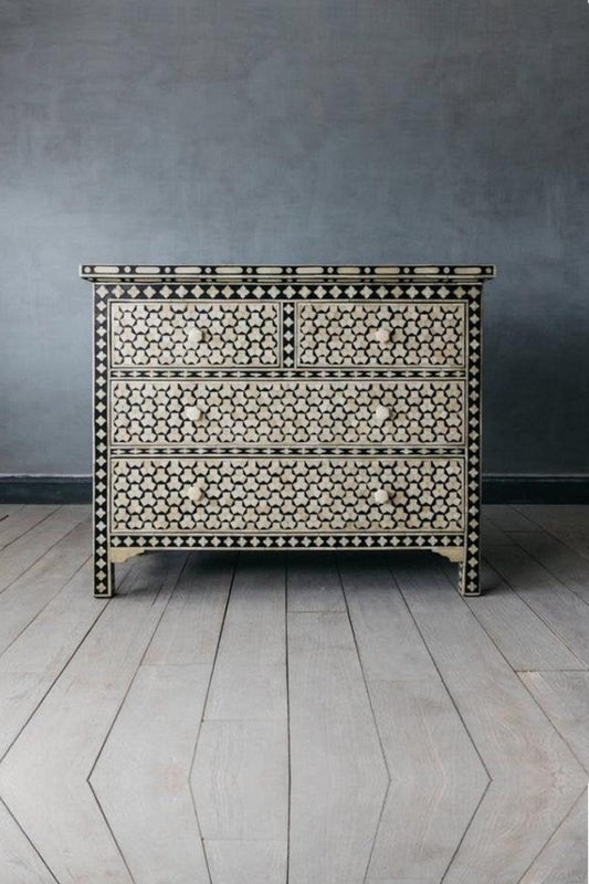 Handmade Bone Inlay Targua Chest of Four Drawers in Black & White Color