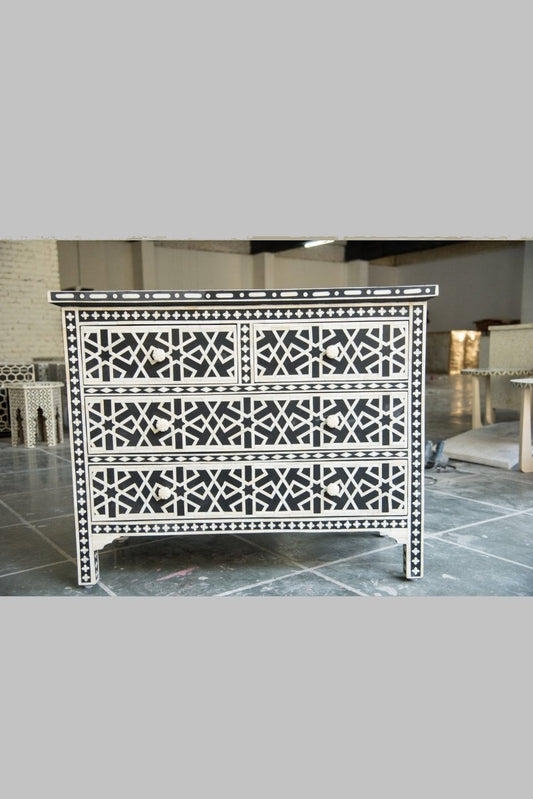 Handmade Bone Inlay Tribal Chest of Four Drawer in Black Color | Custom made Bone Inlay Dresser