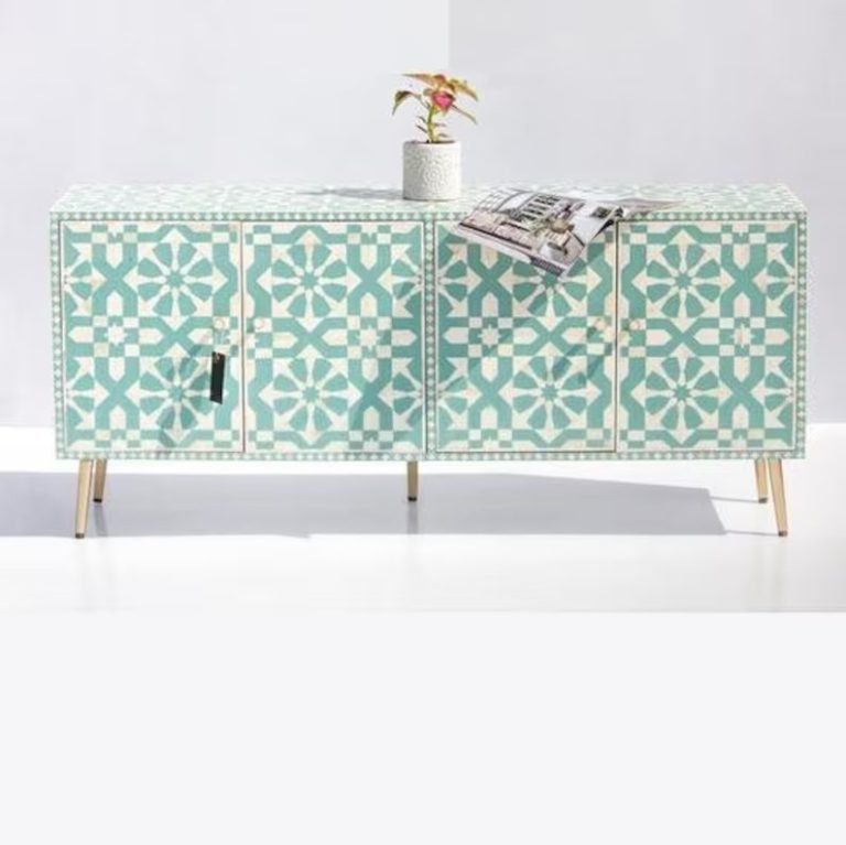 Handmade Bone Inlay Turquoise Moroccan Pattern Media Console Table