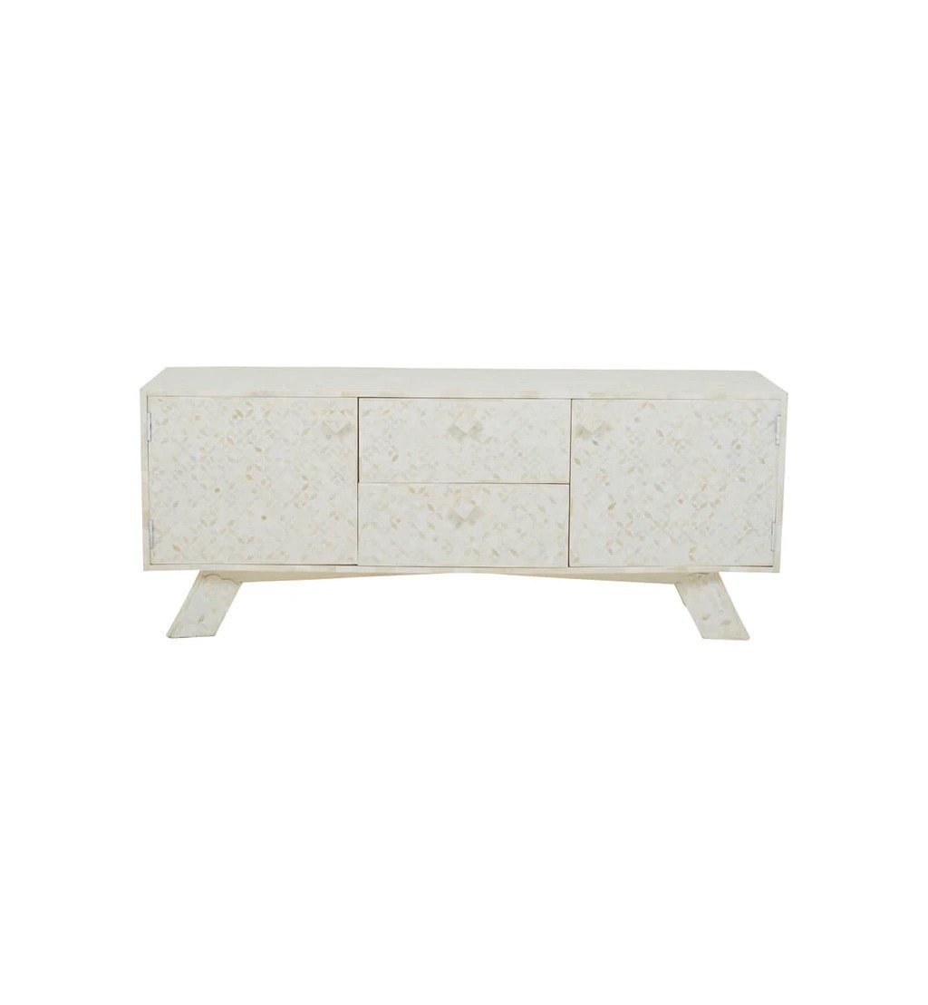 Handmade Bone Inlay TV Unit in White Color | Handmade Geometric Pattern Media Console