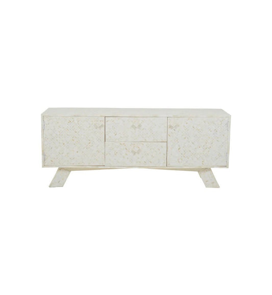 Handmade Bone Inlay TV Unit in White Color | Handmade Geometric Pattern Media Console