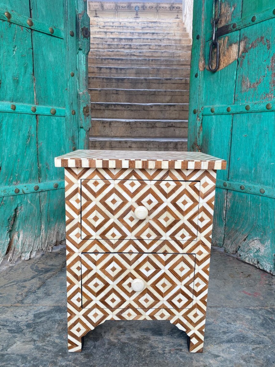 Handmade Bone Inlay Two Drawer Nightstand | Bone Inlay Bedside Table