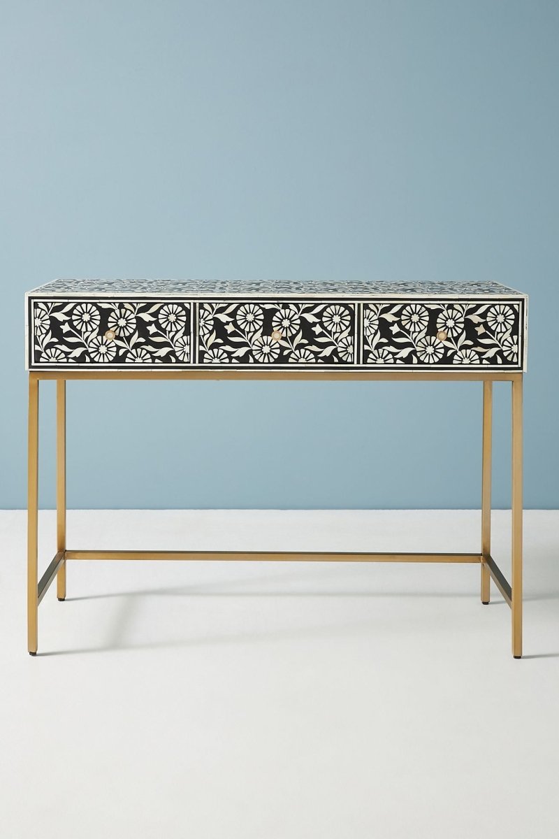 Handmade Bone Inlay Console Table with Drawers in Black Color