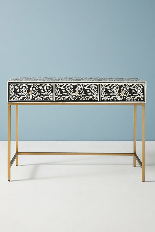 Handmade Bone Inlay Console Table with Drawers in Black Color