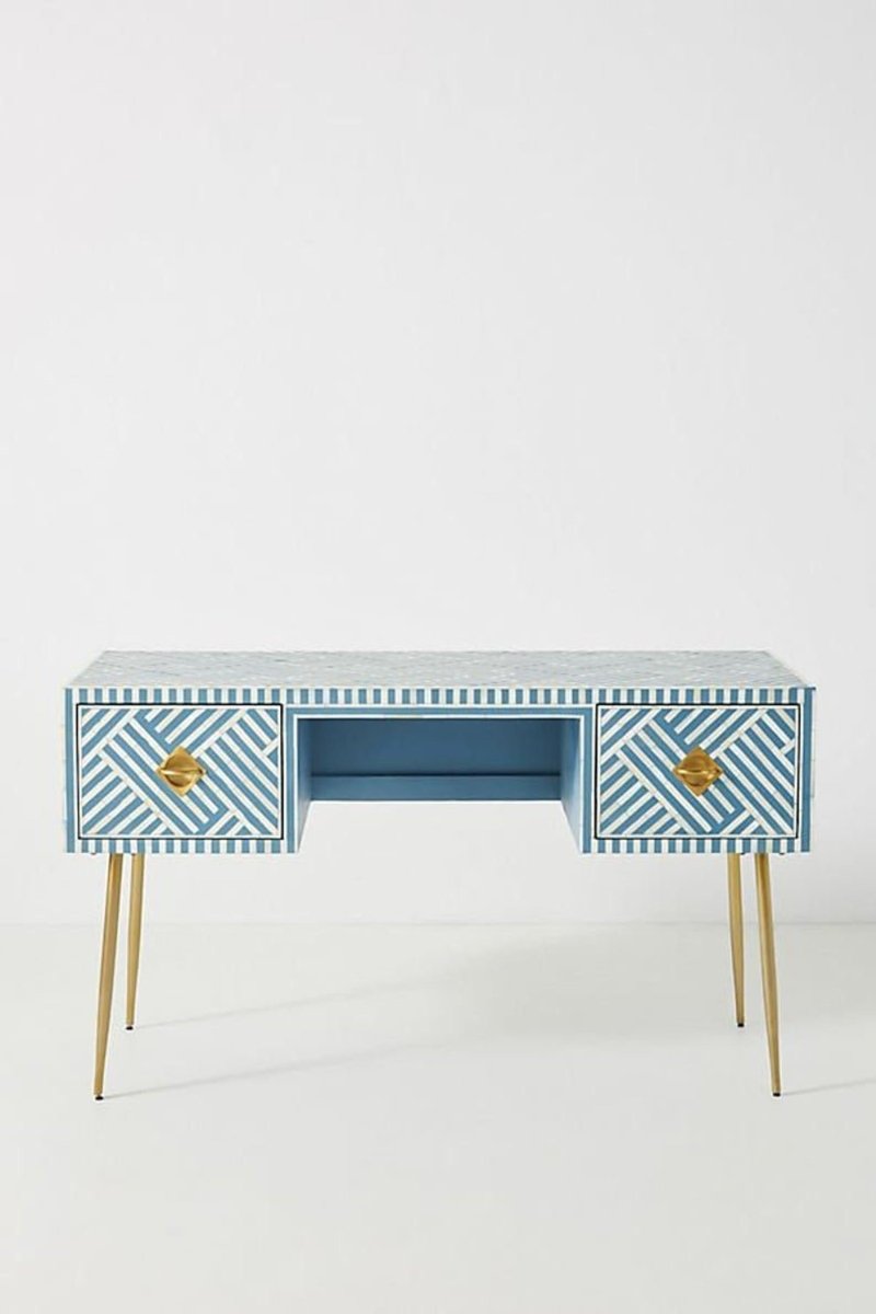 Handmade Bone Inlay Work Desk in Sky Blue Color With Two Drawer