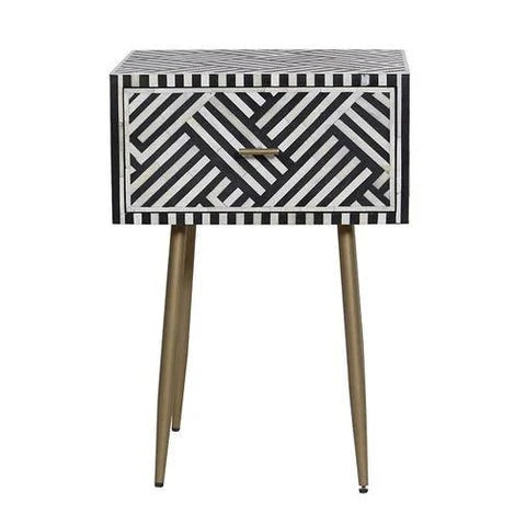 Handmade Bone Inlay Zebra Design One Drawer Bedside Table in Black Color