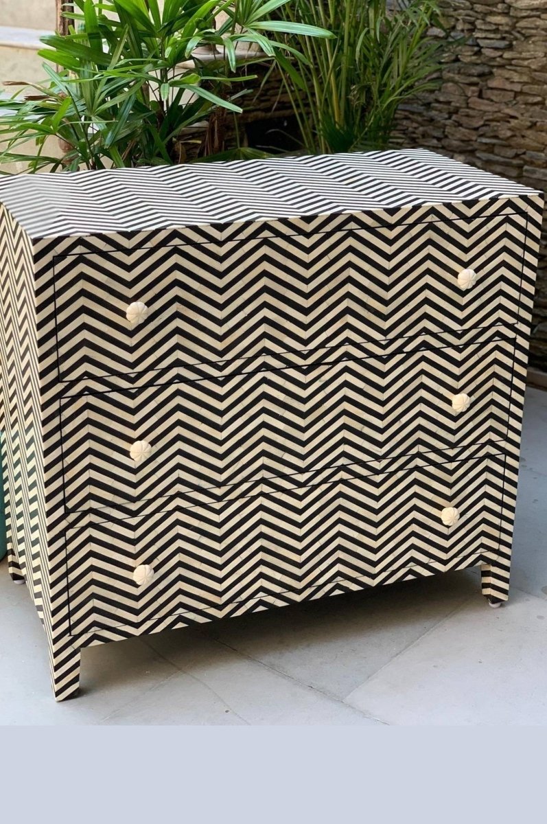 Handmade Bone Inlay Zig-zag Design Dresser | Chest of Drawer in Black and White Color