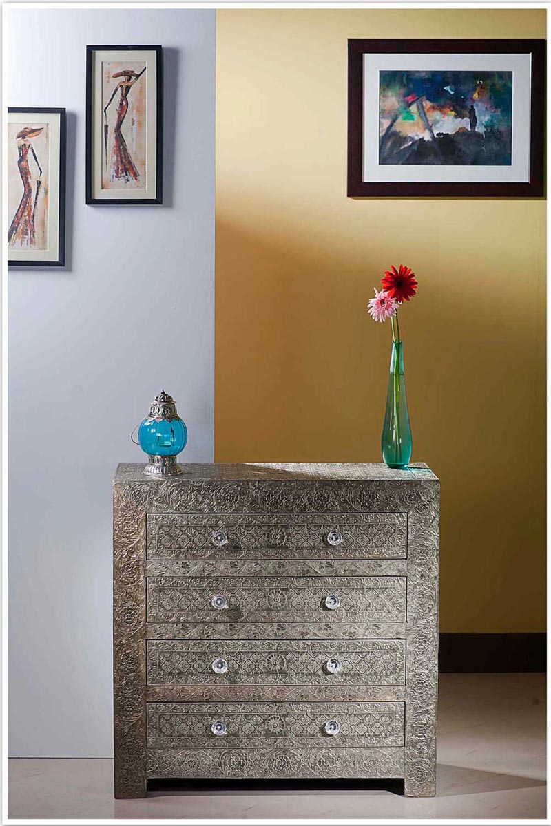 Handmade Brass Embossed White Metal Dresser | Metal Chest Of  Drawer In White Color