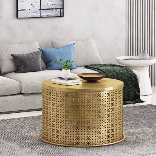 Handmade Brass Metal Conversion Table | Embossed Metal Round Coffee Table