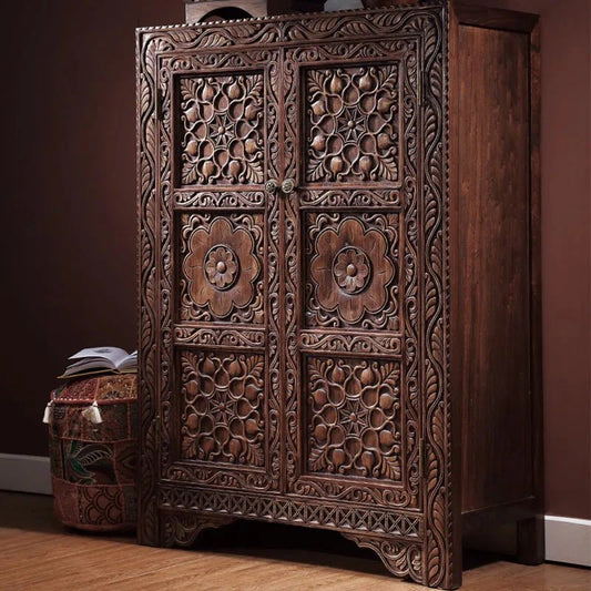 Hand Carved Brown Wooden Carved Armoire