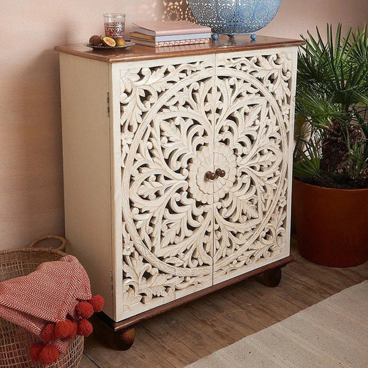 Hand Carved Buffet Cabinet White Color |Small Sideboard