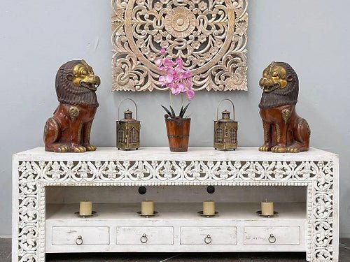 Handmade Carved Media Console Table in White Color  | Hand Carved Entertainment Unit