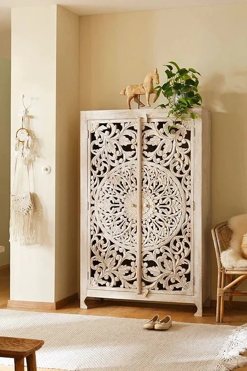 Hand Carved Wooden Floral Pattern Armoire Wardrobe in White Color | Indian Furniture