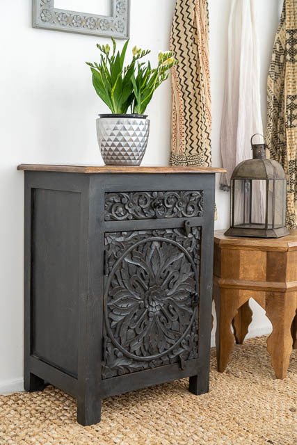 Handmade Charcoal Bedside Table | Hand Carved Night Stand