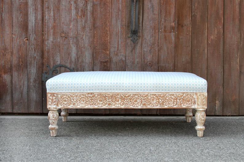 Handmade Craved Indian Traditional White Ottoman