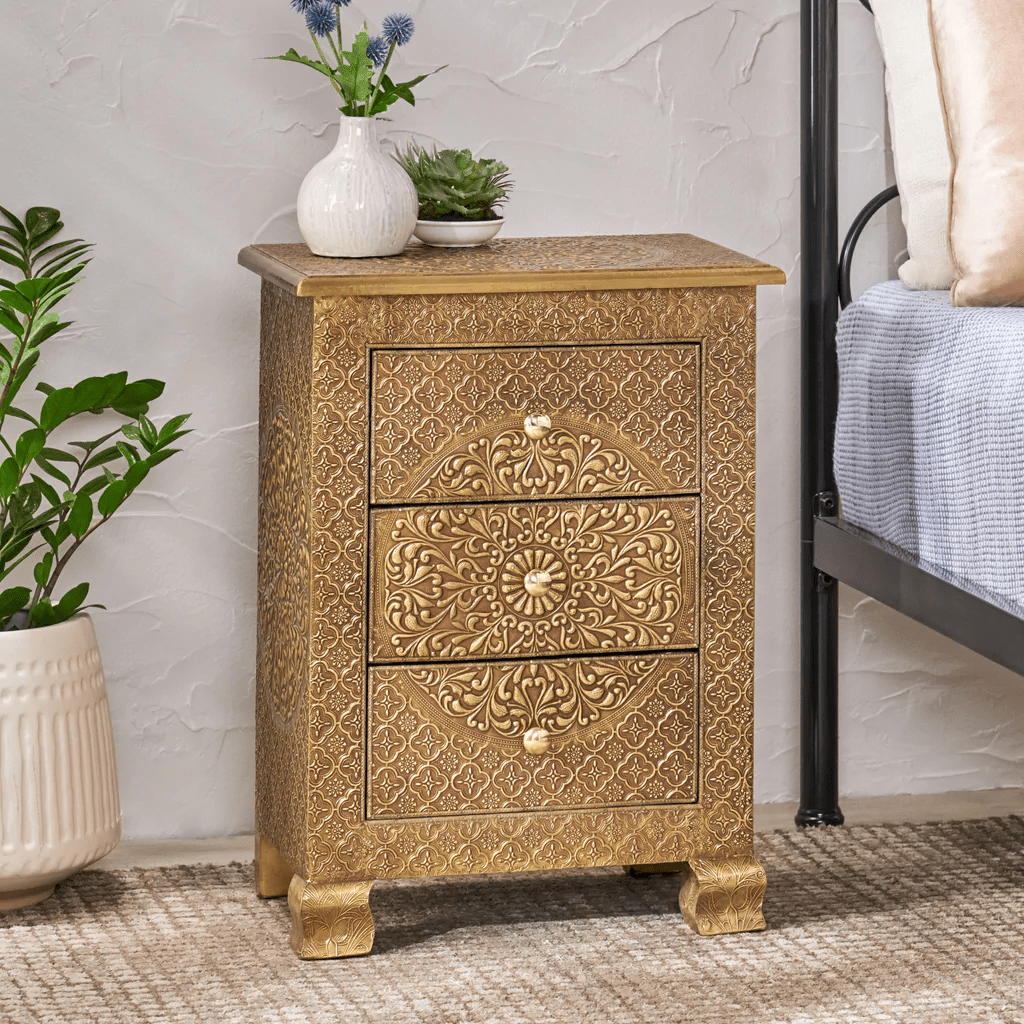 Handmade Embossed Three Drawer Nightstand | Antique Brass or Silver Bedside