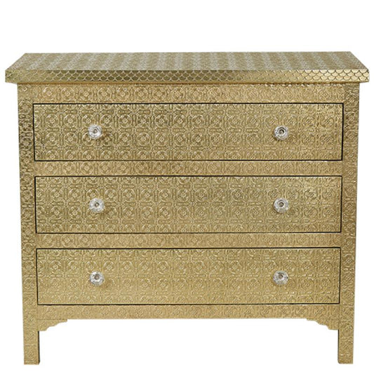 Handmade Embossed Metal Chest of Three drawers | Indian Metal Antique Dresser