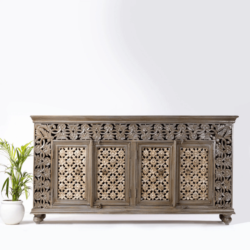 Hand Carved Floral Solid Wooden Indian Sideboard Cabinet