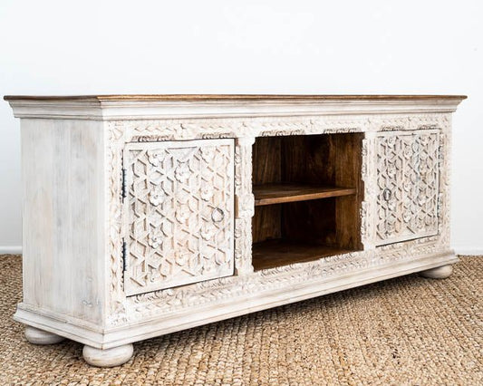 Hand Carved Floral Design Wood Carving Media Unit Table