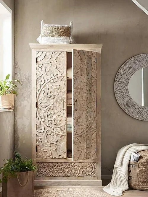 Hand-Carved Antique Wooden Armoire Closet in White Color