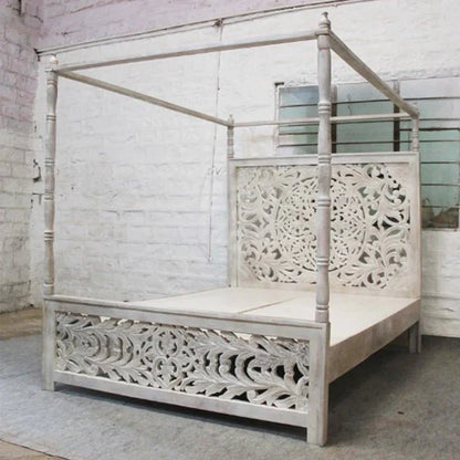 Hand Carved Wooden Bed Antique Indian Design Queen and King Size Bed