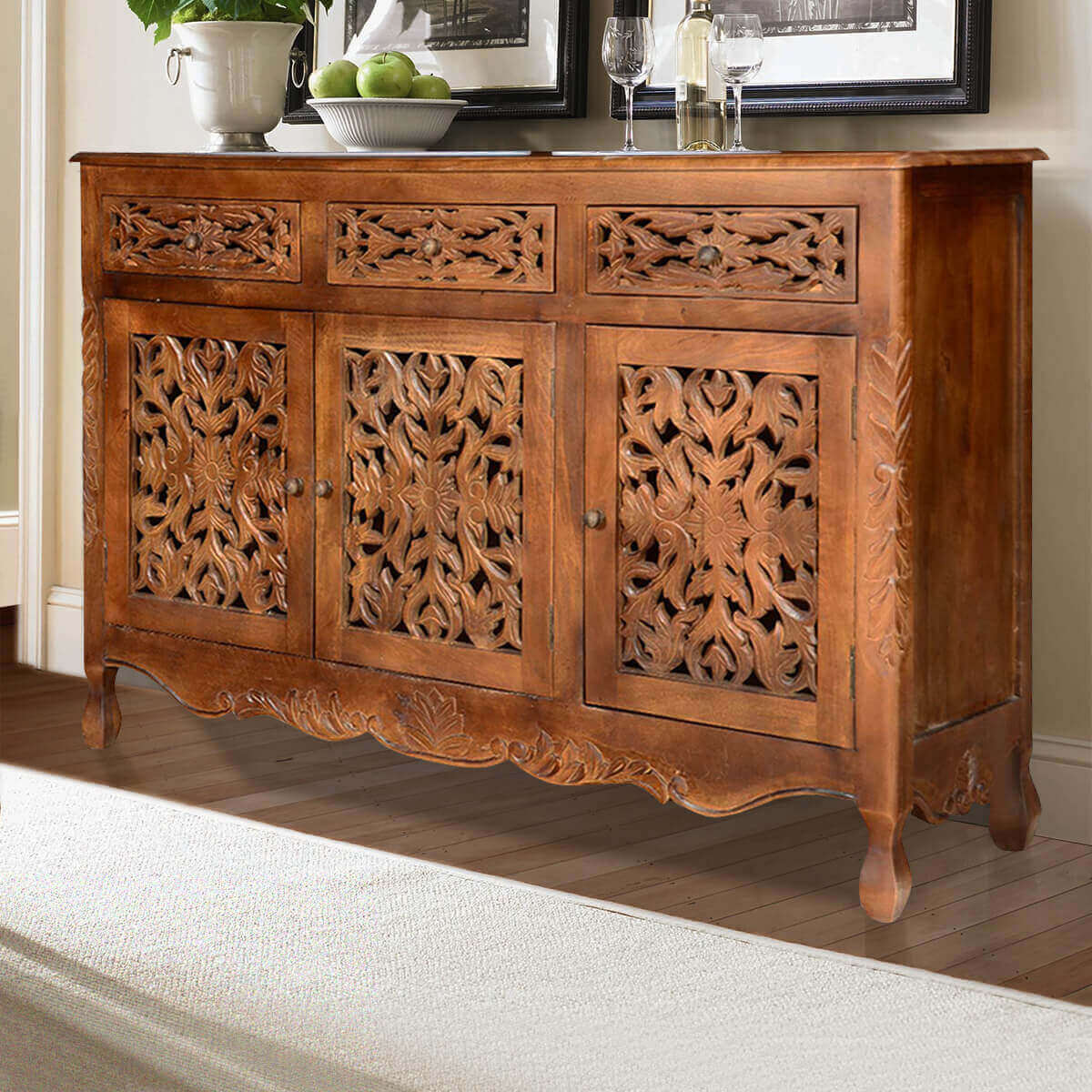 Hand Carved Buffet Table in Natural Color | Wooden Three Doors and Drawers Sideboard