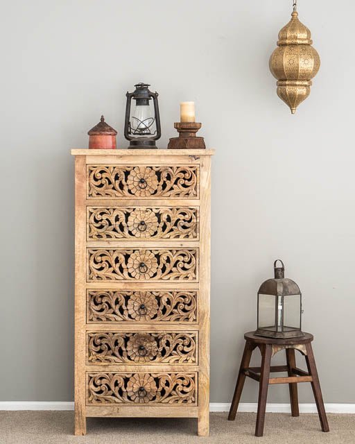 Hand Carved Indian Flower Dresser | Tallboy Chest of Six Drawers