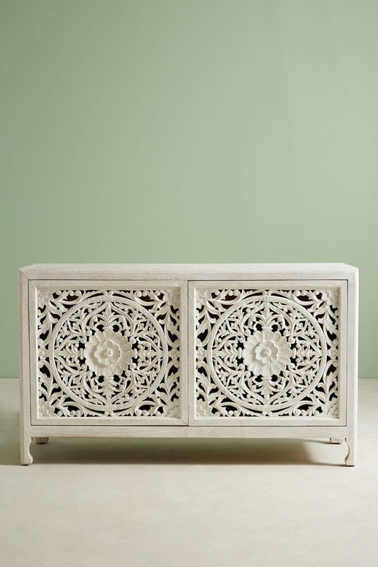 Hand Carved Lombok Buffet Table  In White Color | Custom Made Sideboard