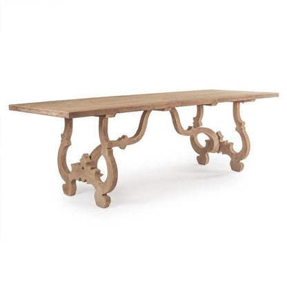 Hand Carved Rectangle Pedestal Dining Table with Scroll Legs in Natural Finish